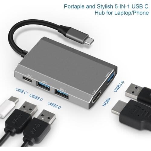 Schitec PD3.0 60W USB Type-C Hub To HDMI Adapter 4K Thunderbolt USB C 5 In 1 Hub with Hub 3.0 TF SD Reader Slot PD for MacBook