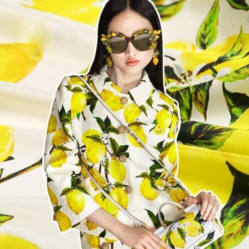 New fashion super fashion designs silk satin yellow lemon prints fabric blouse dresses 19MM silk fabric by the meter wholesale