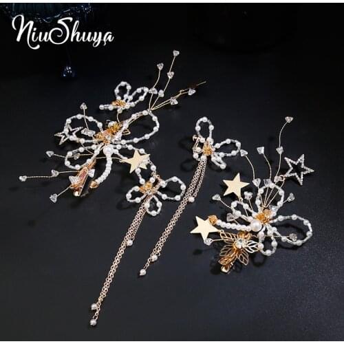 NiuShuya Handmade Gold Star Flower Hairpins Bridal Hairstick Hair Accessories Wedding Jewelry Headpiece Head Ornament