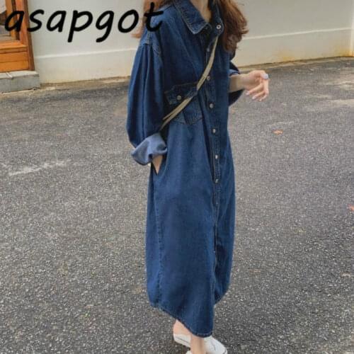 Loose Denim Dress Women Long Autumn New Vintage Long Sleeve Single-breasted Denim Straight Dress Casual Korean Chic Wild Robe