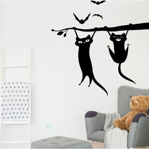 Cartoon Funny Two Kittens Bat Branch Cat Wall Sticker Baby Nursery Kids Room Cat Bat Tree Nature Wall Decal Bedroom Vinyl Decor