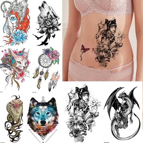 Waterproof Temporary Tattoos for Women Flash Fake Tattoo Sticker Body Art Tato Temporal Sexy Fox Wolf Snake Tatto Aesthetic Stic