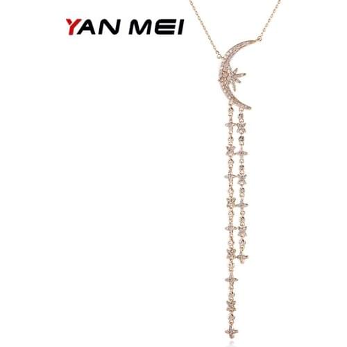 YANMEI CZ Moon And Stras Chain Necklace For Women Rhinestone Long Elegant Crystal Pendant Necklace Fashion Jewelry YMD1372