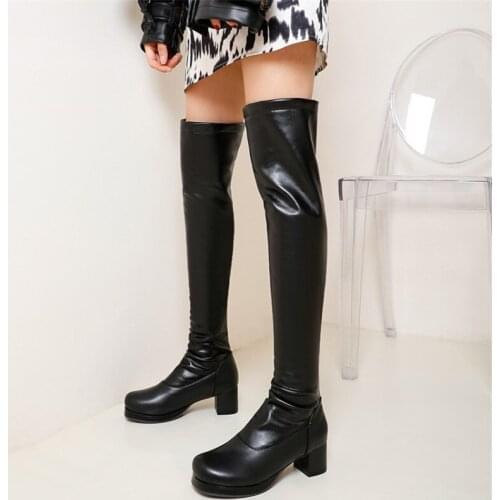 PXELENA 34-45 Plus Size Stretch Over The Knee Boots for Women 2020 Slip On Chunky Med Heels Riding Knight Long Boots Black Gray