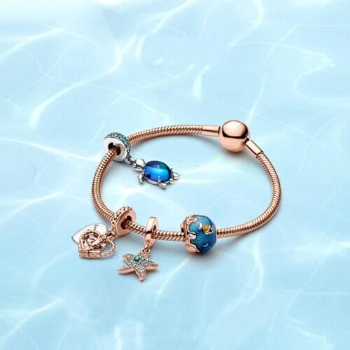 2021 New Summer Ocean Series DIY Charm Bracelet Ladies 100% 925 Silver Tortoise Glittering Fish and Wave Pendant Jewelry