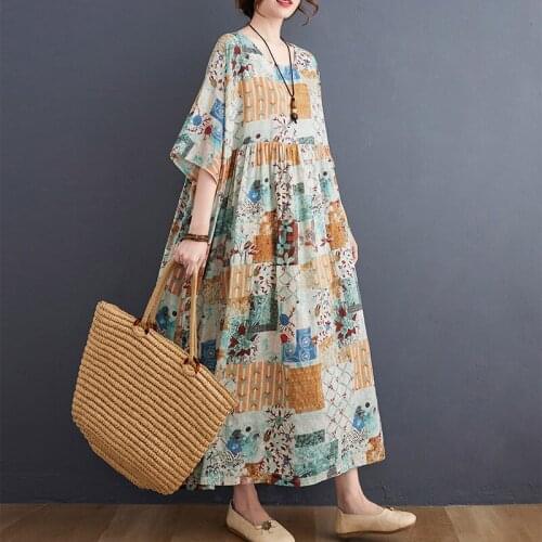 New Arrival 2021 Summer Sundress Women Large Size 4XL 5XL 6XL Cotton Long Dress Vintage Abstract Print Female Boho Beach Dresses