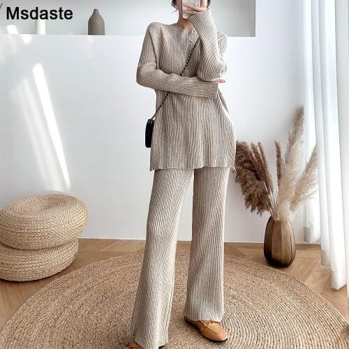 Women Sweater pants Set 2 Pieces Knitted Wide Leg Casual Pullovers Knitwear Stretchy Elastic Casual Suits tops and Trousers