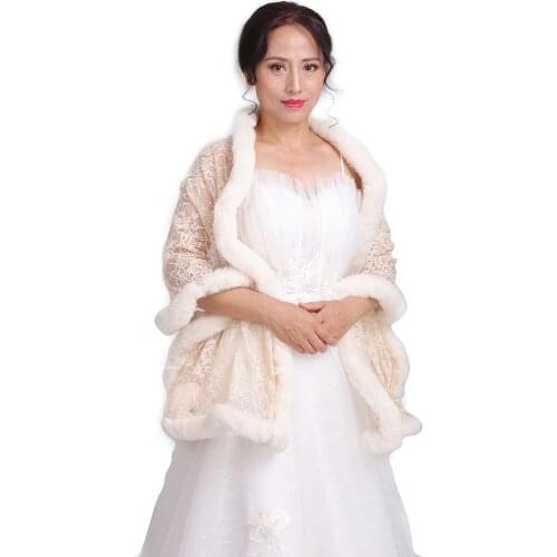Women bolero Trendy Soft Rice white Shawls Lace Cloak Faux Fur Short plush outwear shrugs for ladies Wedding Bridal cape dress