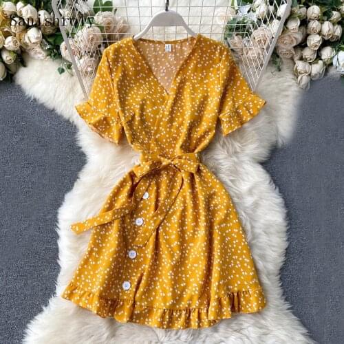 Sanishroly 2021 Women V-Neck Heart Print Dress Ruffles Short Sleeve Mini Dress Ladies Button Tie Bow Summer Dresses Vestidos 138