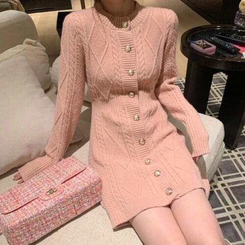 2021 Spring Autumn Elegant O-neck Single-breasted Women Solid Sweater Dress Long Sleeve Knitted Middle-length Dress Y235