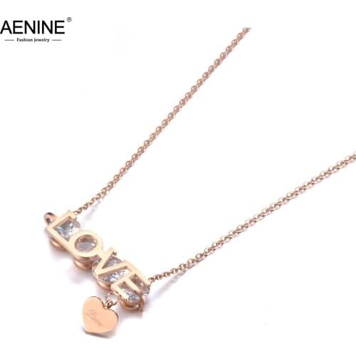 AENINE Trendy Office Style Titanium Steel Love Heart Pendant Necklaces Rose Gold CZ Crystal Bohemia Necklace For Women AN19107