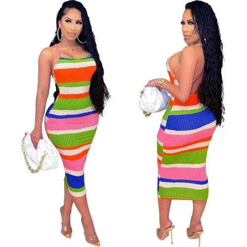 2021 New Arrival Famous Brand Women Dress Sleeveless Backless Stripe A Line Skirt