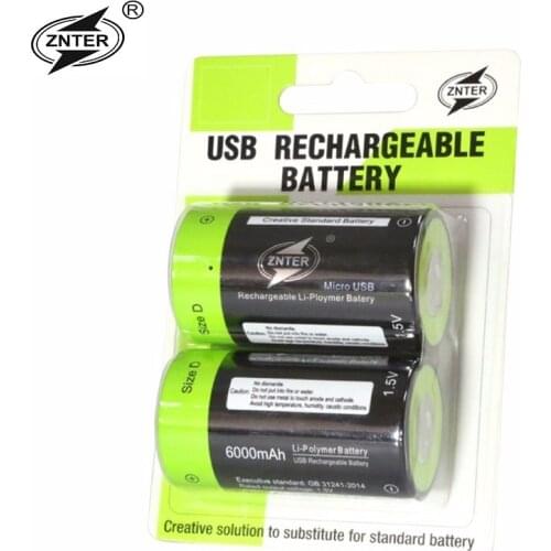 100% Original ZNTER 1.5V 6000MAH Lipo Lithium Polymer Battery D Rechargeable Batteries Charge By Micro USB Cable Battery