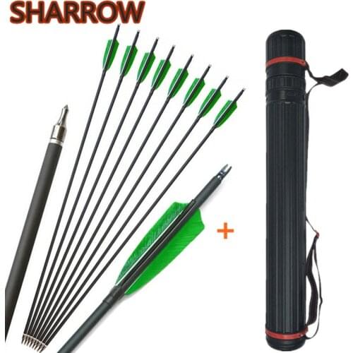 12pcs SP500 Archery Carbon Arrows 30" Turkey Feathers Points Tips With Arrow Quiver For Outdoor Shooting Training Accessories