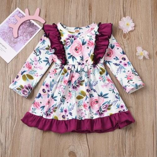 2021 Spring Autumn Girls Long Sleeve Dress Toddler Baby Kids Girls Ruched Ruffles Floral Flowers Princess Dresses Clothes 1-5Y