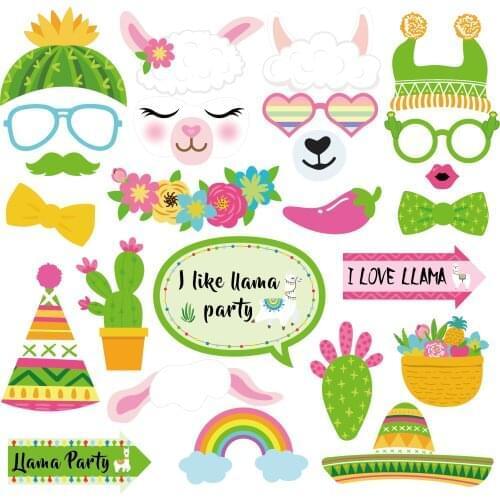 25pcs Cartoon Alpaca Theme Baby Shower Party Decorations DIY Photobooth Props Kawaii Cactus Photobooth Props Party Supplies