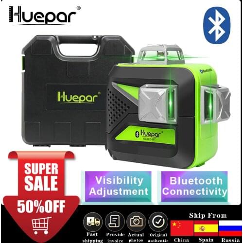 Huepar 3x360 Green Beam 3D Laser Level with Bluetooth Connectivity Cross Lines Three-Plane Self-Leveling Tools & Hard Carry Case