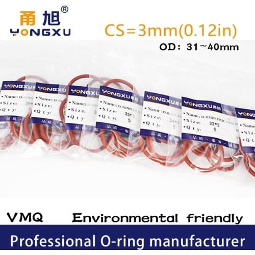 5PCS/lot Red Silicon O-ring SIlicone/VMQ CS3mm Thickness OD 31/32/34/35/36/38/39/40*3mm O Ring Seal Rubber Gasket Rings Washer