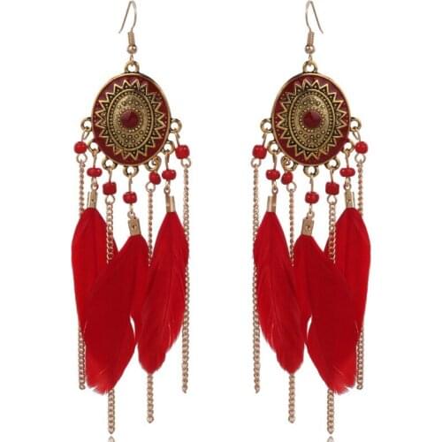Bohemian Ethnic Statement Feather Tassel Earrings Chains Bead Dangling Drop Earrings For Women Jewelry Accessories