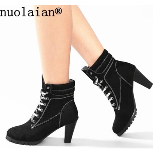 Black 8CM High Heel Platform Boots Women Winter Shoes Short Fur Ankle Boots Womens Boots Faux Suede Leather Ladies Shoes Female