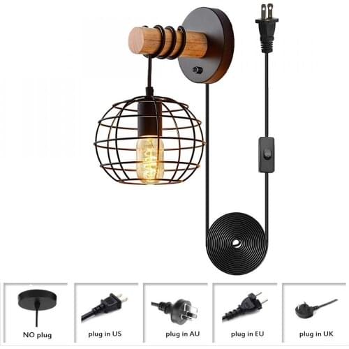Black Vintage Wood Wall Light, Plug In Wall Sconce Lamp, Metal Wire Cage Farmhouse Lighting Fixture with Plug-In Cord