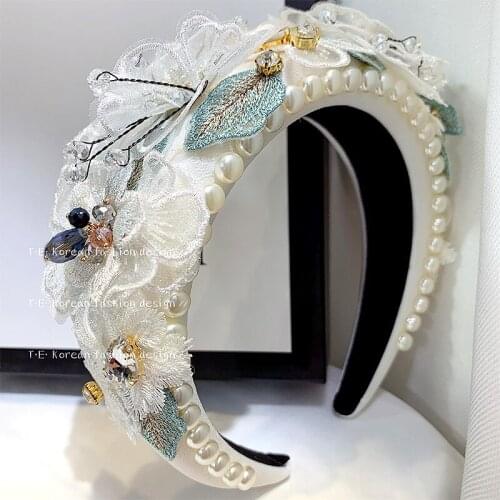 Flower Lace Baroque Headbands for Hair Women 3D Crowns Pearl Luxury Sparkly Rhinestones Hair Bands Accessories