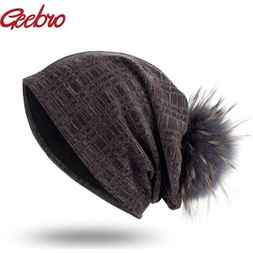 Geebro Womens Plain Color Plaid Beanie Hat with Raccoon Pompom Spring Casual Knitted Hats For Female Women Skullies Beanie Hat