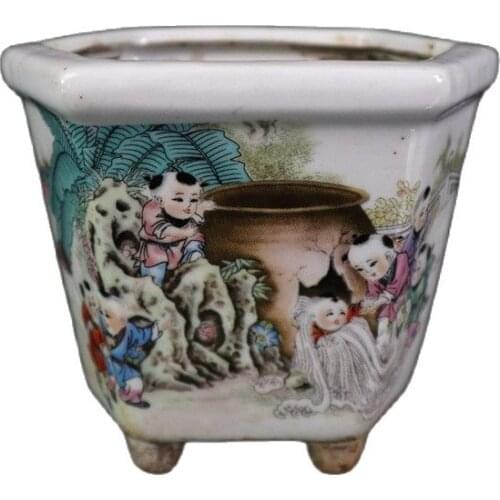 Chinese Old Porcelain Pastel Figure Pattern Hexagonal Flowerpot