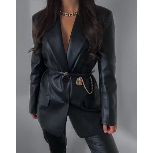 Puloru Classic Black PU Leather Blazers Jackets Vintage 90s Womens Single Button Coats Fall Winter Streetwear Outerwear