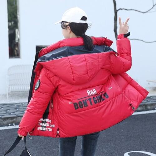 Hooded Winter Jacket Women Letter Print Long Sleeve Zipper Ladies Casual Puff Coat Thick Stand Collar Pockets Parka for Female