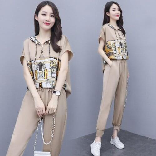 Summer Women Casual Suit New Printed T-shirt and Elastic Waist Harem Pants Two Piece Female Sportswear Suit Plus Size Pants Set