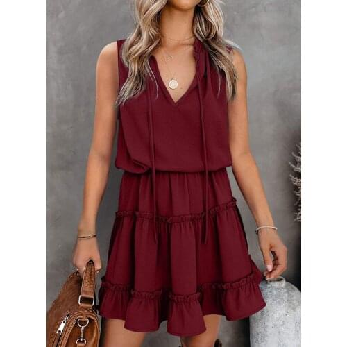 Summer Best Seller Fashion Women Sleeveless Dresses Solid V-Neck Sexy Dress Elegant Ruffled Dress Casual Mini Dress Plus Size