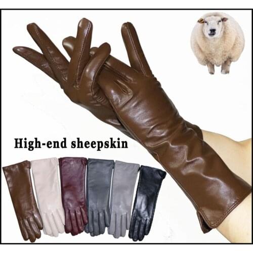 Leather gloves, womens sheepskin gloves, mid-length gloves, plus velvet, thickened winter warmth, color leather New style 2020