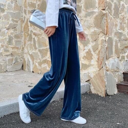2021 New Casual Women Baggy High Waist Pants Harajuku Capri Bottom Loose Autumn Velour Wide Leg Pants Straight Solid Trousers