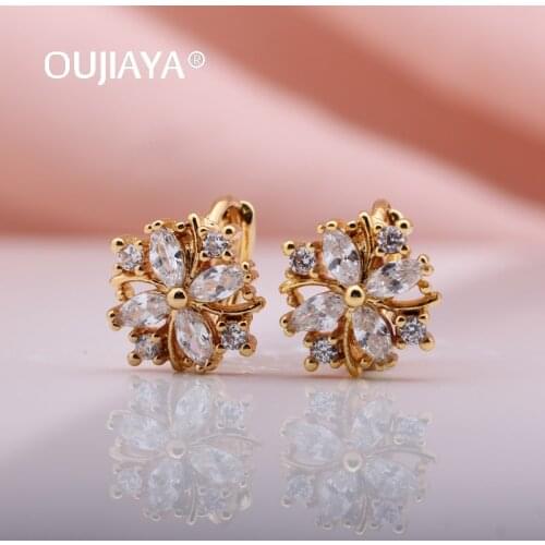 OUJIAYA New white flower Wedding Earrings Women Gold Drop Natural Zircon Dangle Earring Fashion Party Fine hot Jewelry A102