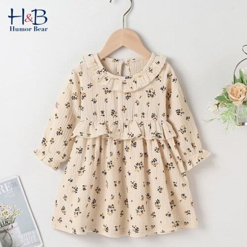 Humor Bear Girls Dress Spring Autumn New Long Sleeve Lapel Collar Floarl Printed Princess Party Dress Toddler Clothes