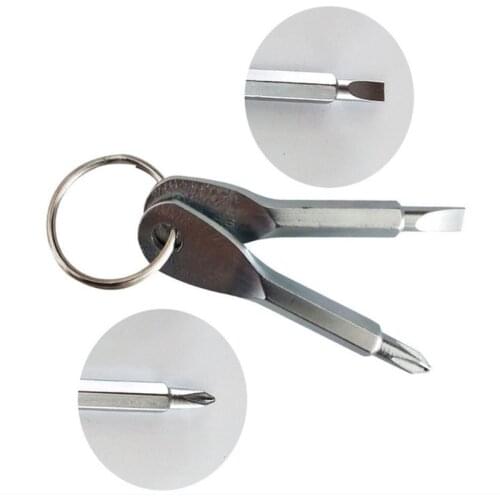 Portable 4 In 1 Stainless Steel Screwdriver Keychain Tools Outdoor Mini EDC Flathead Crossed Screw Driver with Key Ring