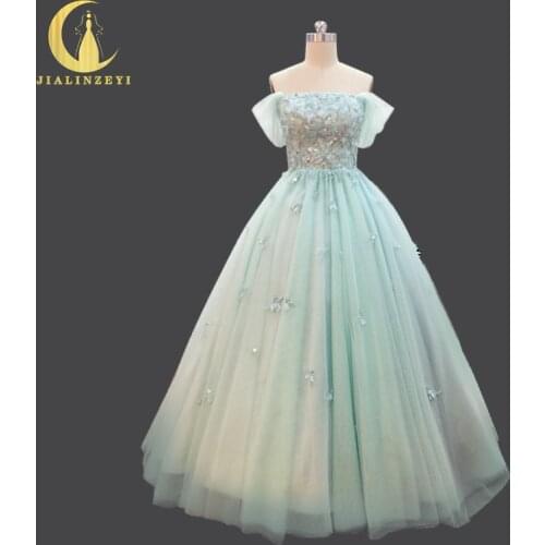 JIALINZEYI Real Image Off the Shoulder Light Green Top Beads Crystal Tulle Floor LengthElegent Luxurious formal dresses For Sale