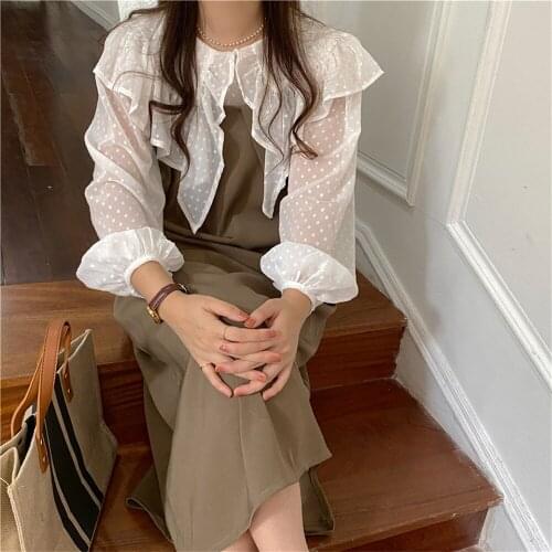 Alien Kitty Khaki Sweet Two Piece Sets Ruffles Polka Dots Elegant Shirts Autumn Gentle Loose Streetwear Slim New OL Slip Dress
