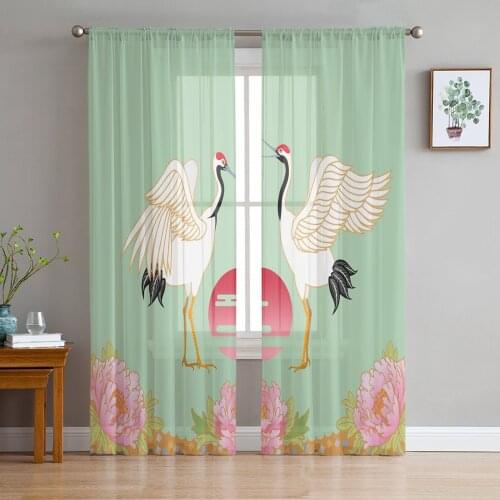 Crane Flowers Sun Sheer Curtains for Living Room Bedroom Kitchen Chiffon Tulle Curtains Home Hotel Coffee Decor