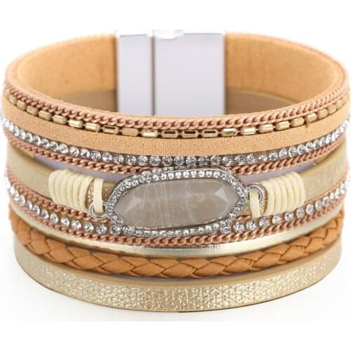 Rhinestone Wide Leather Bangles for Women Simple Magnetic Buckle Wide Charm Bracelets Costume Jewelry Wholesale