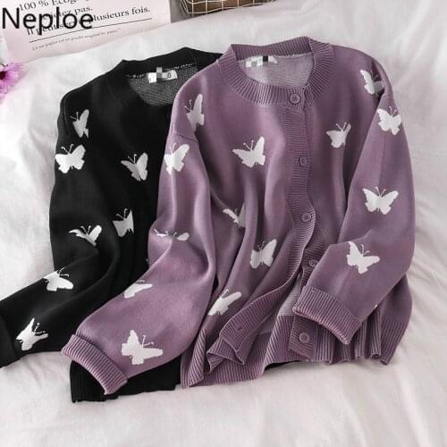 Neploe Sweaters Woman Coat Long Sleeve Knitted Cardigan Fall 2021 Women Clothing Print Butterfly Loose O-neck Tops Outwear 1G692