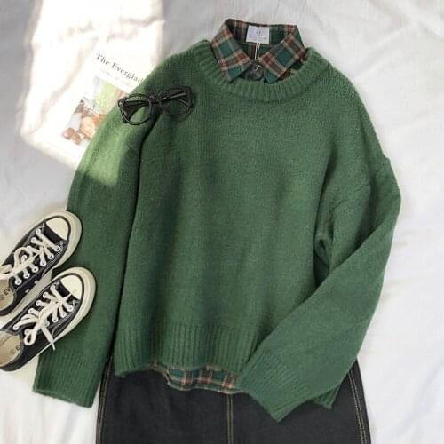 Dark Green Round Neck Pullover Sweater Long Sleeve Warm Autumn Pullovers Jumper