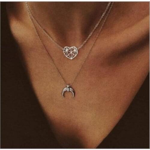 Vintage Multilayer Crystal Pendant Necklace Women Gold Color Beads Moon heart Horn Crescent Choker Necklaces Jewelry New S1973