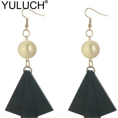 YULUCH Pop Round Gold Metal Zinc Alloy Triangle Black Red Wood Pompom Pom Dangle Earrings 2019 Ethnic African Long Drop Earrings