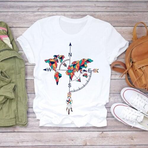 Women Feather Cartoon World Vacation Fashion Vintage Clothes Lady T-shirts Top Womens T Shirt Ladies Stylish Summer Tee T-Shirt