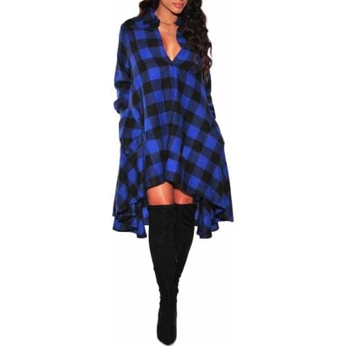 New fashion women sexy v-neck plaid shirt dress sexy loose casual dresses irregular hem plus size vestiods WDC353