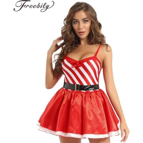 Women Christmas Dress Miss Claus Strappy Cami Tutu Skirt With Bulit In Briefs Halloween Party Cosplay Costume Dress Up Dancewear