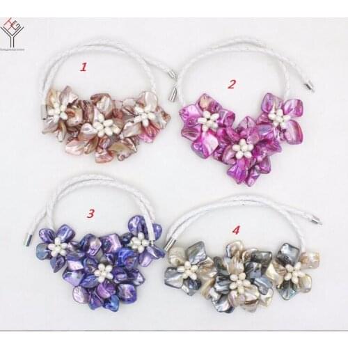 4 colors wedding Women Jewelry natural white pearl 3 flower pendant shell mother of pearl necklace white leather 18"