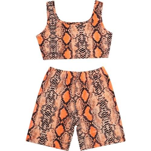 2Pcs Kids Girls Spring Summer Set Snakeskin Pattern Suit Sleeveless Cropped Vest Tops and Shorts Set Gym Children Casual Wear